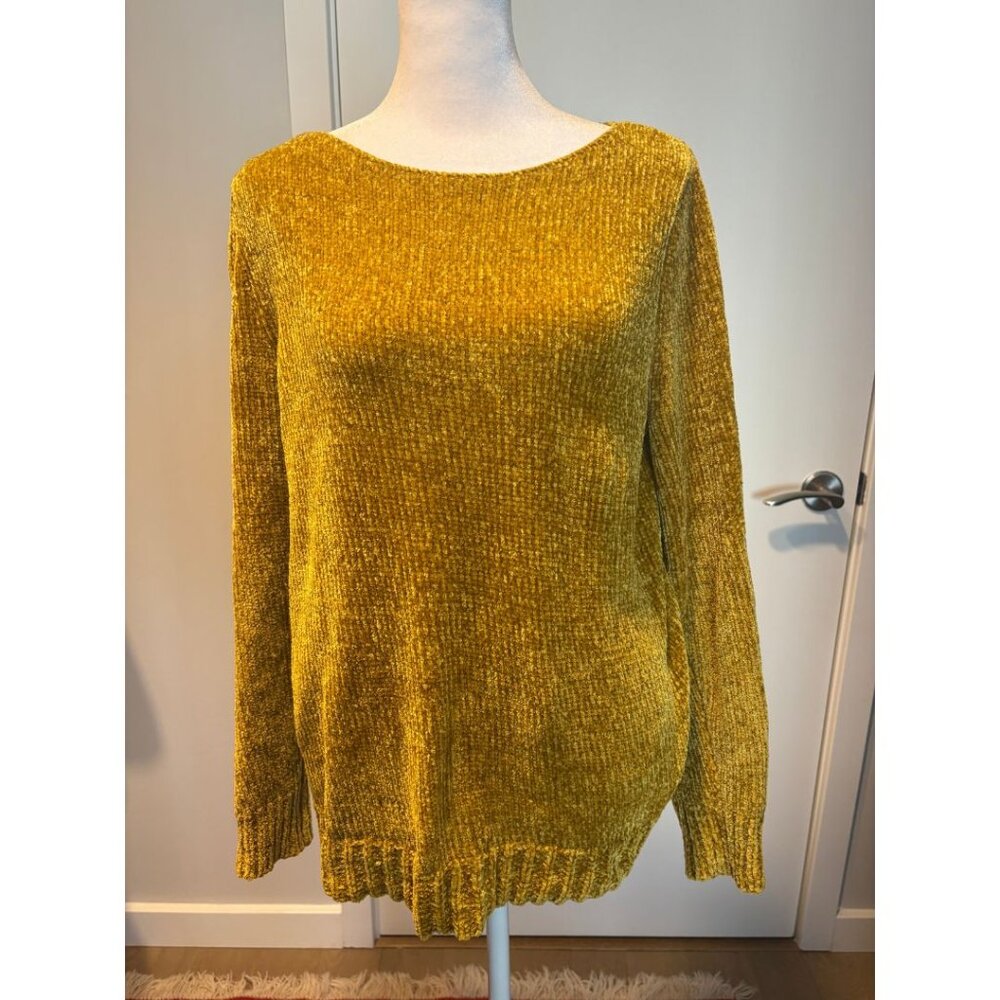 Loft Mustard Yellow Chenille Knit Sweater Size Medium Cozy Velvet Texture